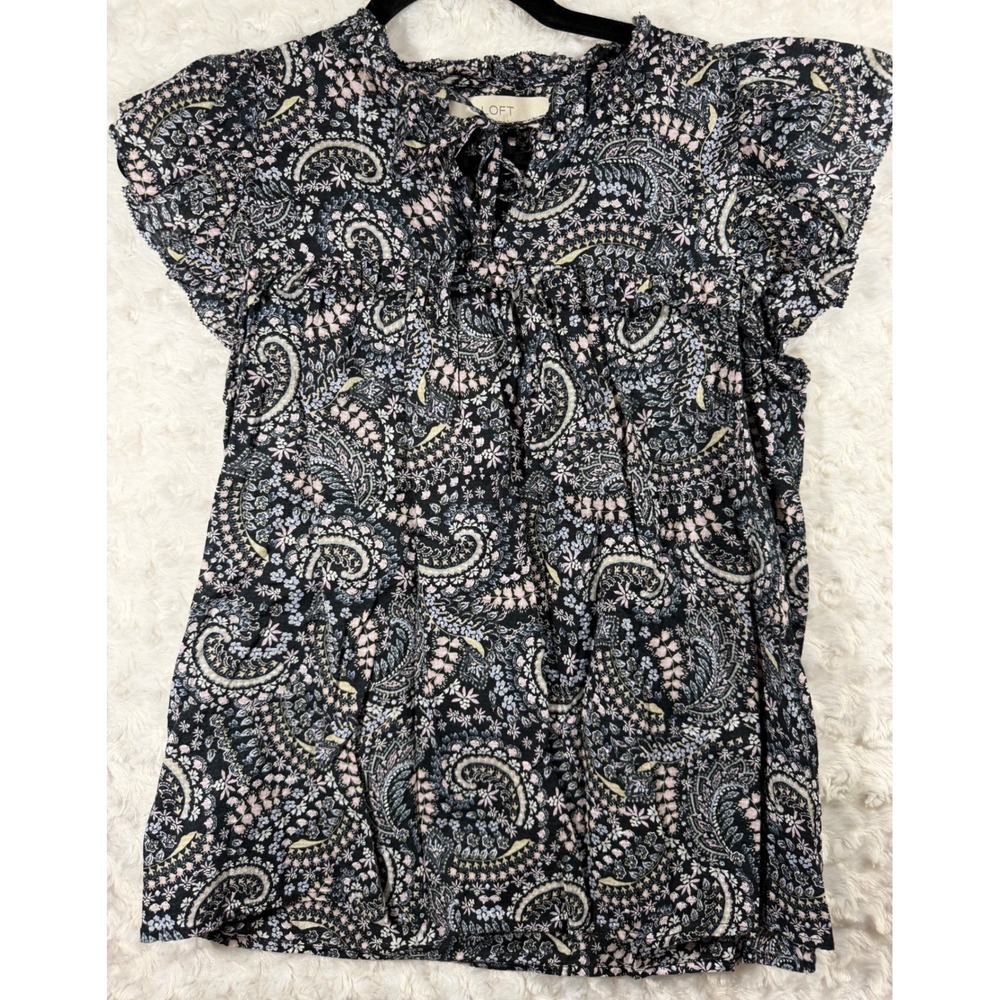 LOFT Womens XXS Paisley Flutter Sleeve Ruffle Neck Cotton Black Pink Blouse